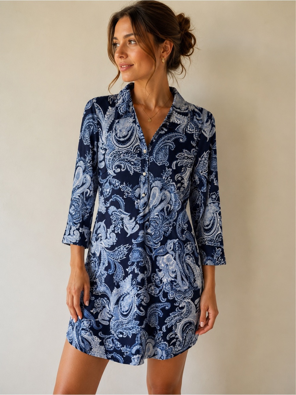 Talbots Navy Blue White Paisley Print Button Front Shirt Dress Small NWT 0073